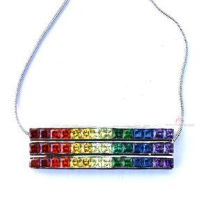 7 Colors Gods Promise Rainbow Cubic Zirconia CZ Triple Multi 3 Row Bar Necklace